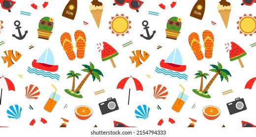 Summer vector seamless pattern, cartoon vacation background, tropical print. Bright illustration