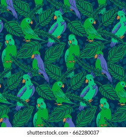 Summer Vector Seamless Pattern. Cartoon Illustration Parrots, Cockatoo and Leaves in Blue and Green