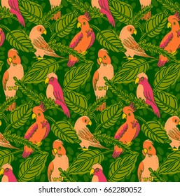 Summer Vector Seamless Pattern Cartoon Illustration Parrots, Cockatoo and Leaves in Pink and Green