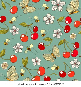 Summer vector seamless pattern with cherry, bees, butterfly and flower