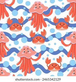 A summer vector seamless pattern with cute funny jellyfish and crabs on the background of abstract waves. Perfect for baby bedding, wallpaper, wrapping paper, fabric, textiles, T-shirt prints