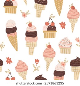 Summer vector seamless pattern. Cute hand drawn ice cream with cherry, strawberry and chocolate. Cute food pattern design. Isolated desserts on white background.