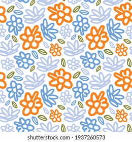 Summer vector seamless pattern with daisies or wildflowers doodle. Colorful version