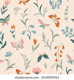 Summer vector seamless pattern. Delicate flowers and butterfly print. Botanical fabric design in retro asian style.  