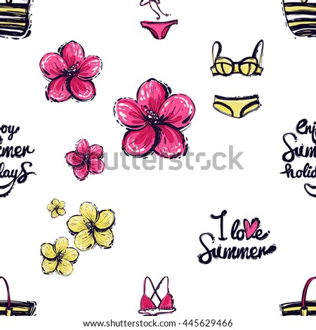 Summer vector seamless pattern with enjoy summer holidays lettering, I love summer lettering, striped beach bag, trendy straw hat, bikini swimsuit, yellow and pink tropic flowers. 