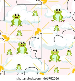 Summer vector seamless pattern. Frog, sun, clouds Wrapping.