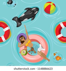 Summer vector seamless pattern. A girl with dogs is swimming and sunbathing on an inflatable circle near an inflatable shark and a rescue kopug. On a light blue background with a beach ball