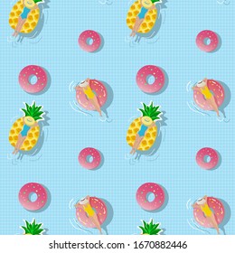 Summer vector seamless pattern. Girls sunbathe on an air mattress, as well as inflatable circles. On a light blue background in the pool or on the sea