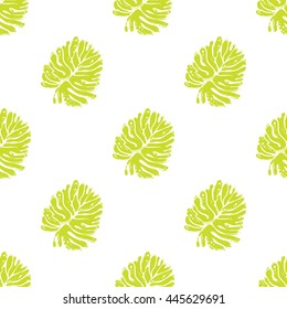Summer vector seamless pattern with green palm leaf. Hand draw vector illustration.