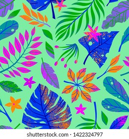Summer vector seamless pattern with hand drawn tropical leaves,flowers and elements.Multicolor plants.Exotic background perfect for prints,wrapping paper,t-shirts,textile,background fill,social media.