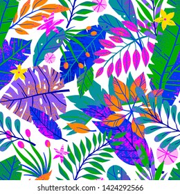 Summer vector seamless pattern with hand drawn tropical leaves,flowers and elements.Multicolor plants.Exotic background perfect for prints,wrapping paper,t-shirts,textile,background fill,social media.