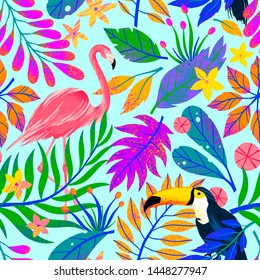 Vector de verano sin fisuras con hojas tropicales dibujadas a mano, flamingo y toucan.Plantas multicolores.Fondo exótico perfecto para impresiones, papel de envoltura, pantalones en t, textiles, relleno de fondo, medios sociales.