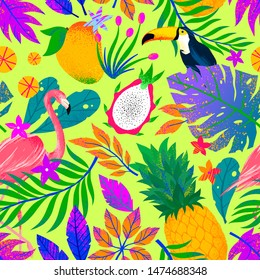 Summer vector seamless pattern with hand drawn tropical leaves,birds and fruits.Multicolor plants.Exotic background perfect for prints,wrapping paper,t-shirts,textile,background fill,social media.