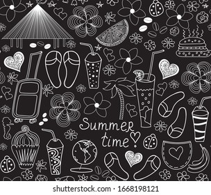 Summer vector seamless pattern with hand drawn travel equipment, food, drinks, flowers and the words "Summer time!"