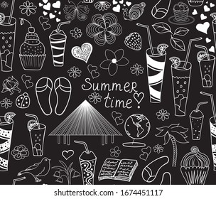 Summer vector seamless pattern with hand drawn flowers, drinks and the words "Summer time!"