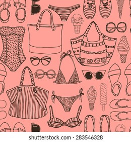 Summer vector seamless pattern with hand drawn swimsuits, sunglasses, beach bags and ice cream. Beautiful design elements, vintage colors. Perfect for prints and patterns.