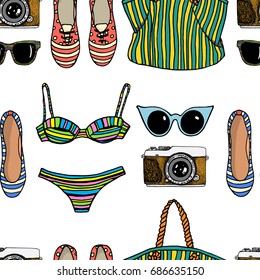 Summer vector seamless pattern with hand drawn swimsuits, sunglasses, beach bags and ice cream. Beautiful design elements, vintage colors. Perfect for prints and patterns.