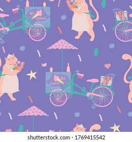 Summer vector seamless pattern with ice cream bike and cute cat