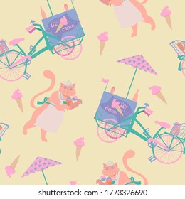 Summer vector seamless pattern with ice cream bike and cute cat on pastel yellow background