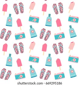 Summer vector seamless pattern with ice cream, camera and flip flops in pink and blue vibrant colors