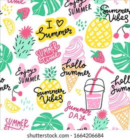 Summer Vector Seamless Pattern. Line Cute Doodle Background