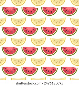 Summer vector seamless pattern with melon and watermelon slices. Perfect art background for banner, card, textile, fabric, paper, sale. Hand drawn illustration.

