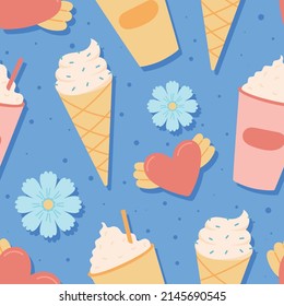 Summer Vector Seamless Pattern With Milkshake, Ice Cream Cone, Heart And Flower Icon.