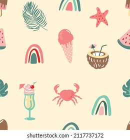 Summer vector seamless pattern with palm leaf, watermelon slice, rainbow, cocktail, cocos, crab, ice cream, sea star. Vacation background. Digital paper