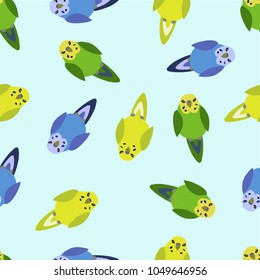 Summer vector seamless pattern with parrots. Budgerigar australian parakeet. Small cute melopsittacus. Green, yellow and blue birds