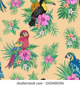 Summer vector seamless pattern with parrots, toucan , palm leaves, pineapple, hibiscus and plumeria. It can be used for websites, packing of gifts, fabrics, wallpapers. 