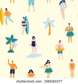 Summer vector seamless pattern with people on the beach in the flat style