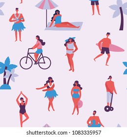 Summer vector seamless pattern with people on the beach in the flat style