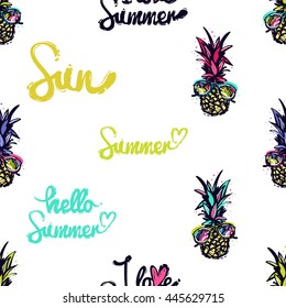 Summer vector seamless pattern with pineapples in sunglasses, sun lettering, hello summer lettering, I love summer lettering. Hand draw vector illustration.