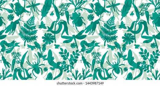 Summer vector seamless pattern. Plants, insects, flowers . Lizards, dragonflies, beetles and plants. Textiles, Wallpaper, paper