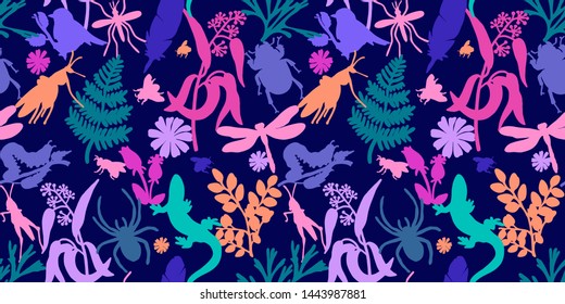 Summer vector seamless pattern. Plants, insects, flowers . Lizards, dragonflies, beetles and plants. Textiles, Wallpaper, paper