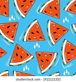 Summer vector seamless pattern with red watermelon slices on blue background. Cute and funny hand drawn fruits for textile or print on any surface