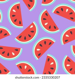 summer vector seamless pattern with red watermelon slices on purple background, cute and funny fruits for textile or print on any surface