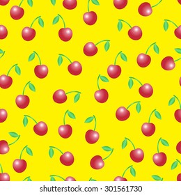 Summer vector seamless pattern with red cherries on the yellow background.
