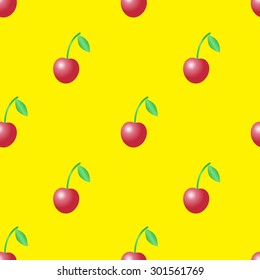 Summer vector seamless pattern with red cherries on the yellow background.