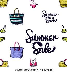 Summer vector seamless pattern with summer sale inscription, blue beach bag, straw beach bag, striped beach bag, pink bikini swimsuit. Hand draw vector illustration.