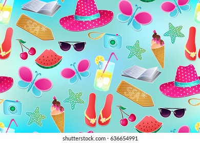 Summer vector seamless pattern. Travel Advertising background. Design with colorful beach elements. Sea, ice cream, camera,watermelon,cocktail,glasses. Vacation accessories.