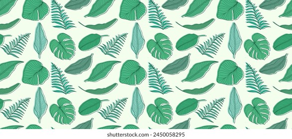 Summer vector seamless pattern with various tropical plants and leaves on a light background.