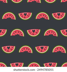 Summer vector seamless pattern with watermelons slices and hearts. Perfect for card, label, textile, fabric, paper. Hand drawn illustration.


