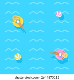 Summer vector seamless pattern. Women enjoing vacation in ocean, sea, blue water, float, ball. Beach. People enjoy party. Illustration.