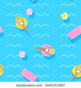 Summer vector seamless pattern. Women enjoing vacation in ocean, sea, blue water, float, ball, inflatable mattress. Beach. People enjoy party. Illustration.