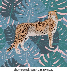 Summer vector seamless tropical pattern with bright leaves and cheetah. Modern abstract design for fabric, paper, interior decor. Colorful Hawaiian ornament green, blue leaf color