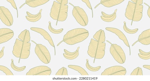 Summer vector seamless tropical pattern with yellow bananas and banana leaves on a white background for textiles, dishes, covers, phone cases, backgrounds, wallpapers