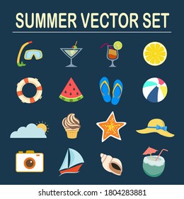Summer vector set with diving goggles, drinks, lemon, float, watermelon, slippers, volleyball, weather, ice cream, starfish, beach hat, camera, ship, shells, and coconut. Beach vector set.