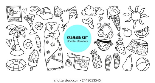 Summer vector set in doodle style with lifebuoy, cocktail, seashell, swimsuit, dress, hat, flower, ice cream, kite, camera, pineapple, cloud, flip flops, strawberry, cherry, pear, apple, sun, shorts, 