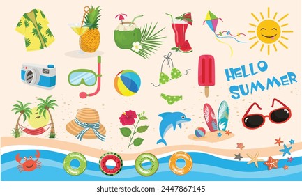 Summer vector set. Summer element collection. Summer holiday beach. Cartoon flat vector isolated on white bạckground